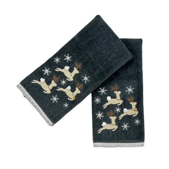 Serafina Home Dancing Reindeer Christmas Bath Hand Towels, Dark Grey, Set of 2, 16 x 25 in, 100% Cotton