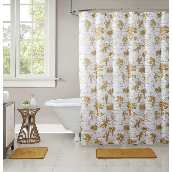 Serafina Home Christmas Fabric Shower Curtain 15pc Bathroom Set: 1 Shower Curtain, 2 Memory Foam Bath Mats, 12 Hooks, White Antique Gold
