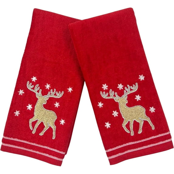 Serafina Home Christmas Hand Towels for Bath– Set of 2 Red Plush 100% Cotton Embroidered Gold Reindeer & White Snowflakes Design – 25 x 16” Decorative Bath & Kitchen Towels