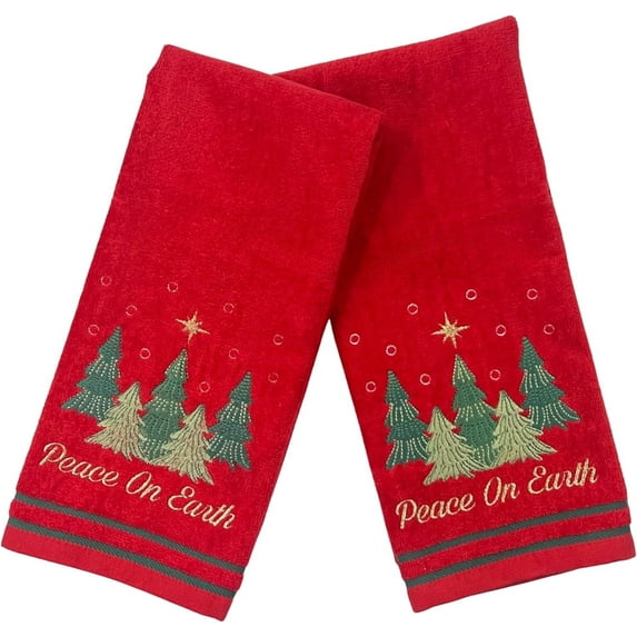 Serafina Home Christmas Hand Towels for Bathroom – Set of 2 Red 100% Cotton Embroidered Christmas Trees & “Peace On Earth” Phrase Design – 25 x 16” Decorative Holiday Bath & Kitchen Towels