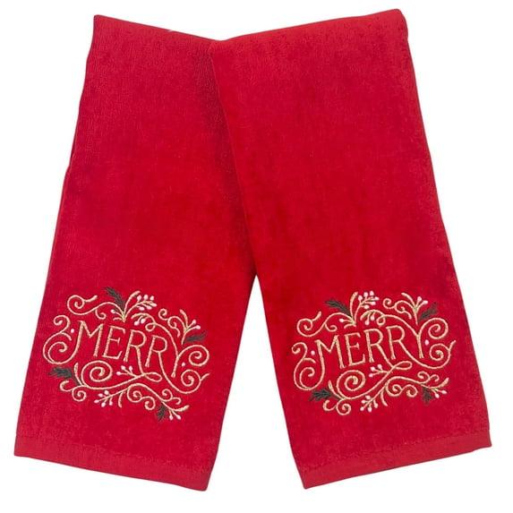 Serafina Home Christmas Hand Towels for Bathroom– Set of 2 Red 100% Cotton Embroidered “Merry” with Gold Filigree & Green Holly Design – 25 x 16” Decorative Bath & Kitchen Towels