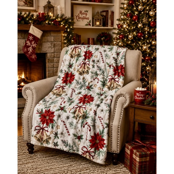 Serafina Home Christmas Holiday Fleece Throw Blanket: Velvety Soft, Durable Accent for Bed or Couch, Gold Red White Vintage Icon, 50 x 60 inches