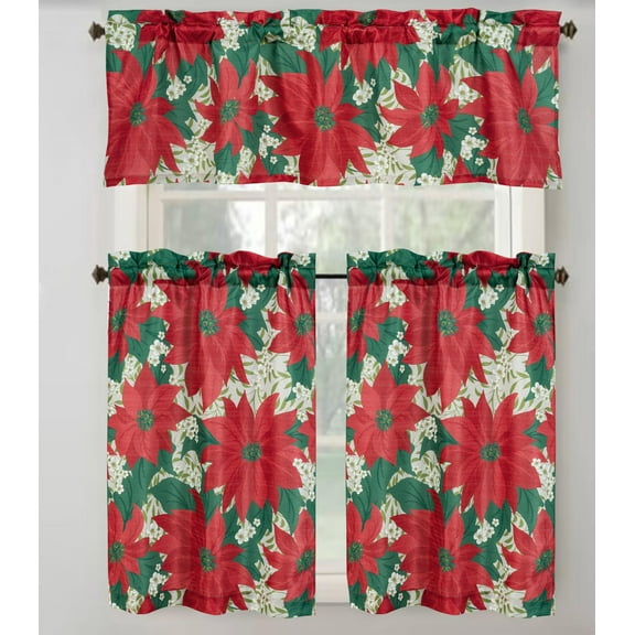 Serafina Home Christmas Holiday Kitchen Curtains: Floral Poinsettia Floral Pattern with Jasmine and Leaf Accent Valance and Tiers, 3 Pc Set