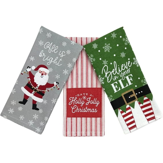 Serafina Home Christmas Holiday Kitchen Dish Towels: Three Flat Weave Kitchen Dish Towels, One Believe, Holly Jolly And One Santa All is Bright 3 Pc 100% Cotton Flat Weave