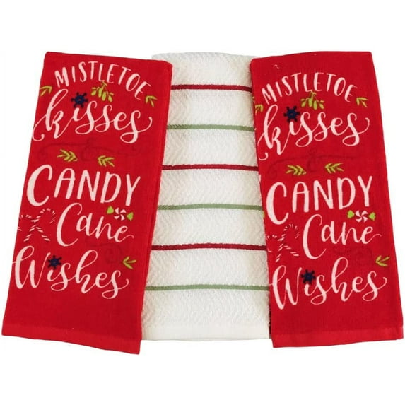 Serafina Home Christmas Holiday Kitchen Towels: Miseltoe Kisses and Candy Cane Wishes