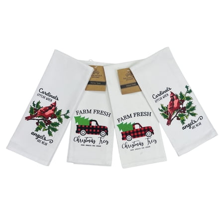 Serafina Home Christmas Kitchen Towels: 4-Piece Set with Red Cardinals and Farm Fresh Trucks