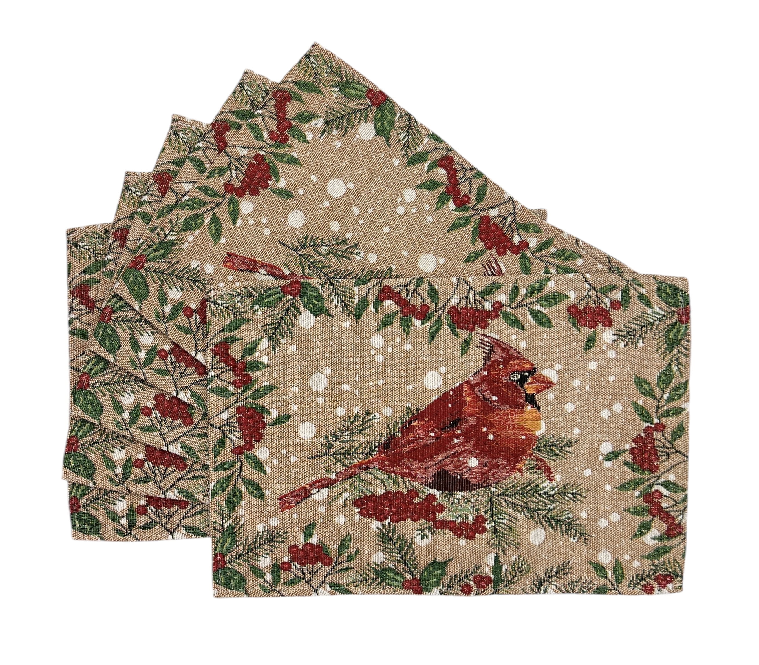 Serafina Home Christmas Holiday Placemats, Set of Six (6) Colorful Tapestry Weave Fabric, for Holiday's, Winter, Christmas Theme, Traditional Farmhouse Cardinal on Beige with Holly Berries
