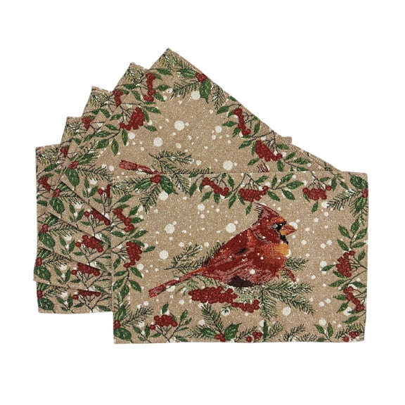 Serafina Home Christmas Holiday Placemats, Set of Six (6) Colorful Tapestry Weave Fabric, for Holiday's, Winter, Christmas Theme, Traditional Farmhouse Cardinal on Beige with Holly Berries