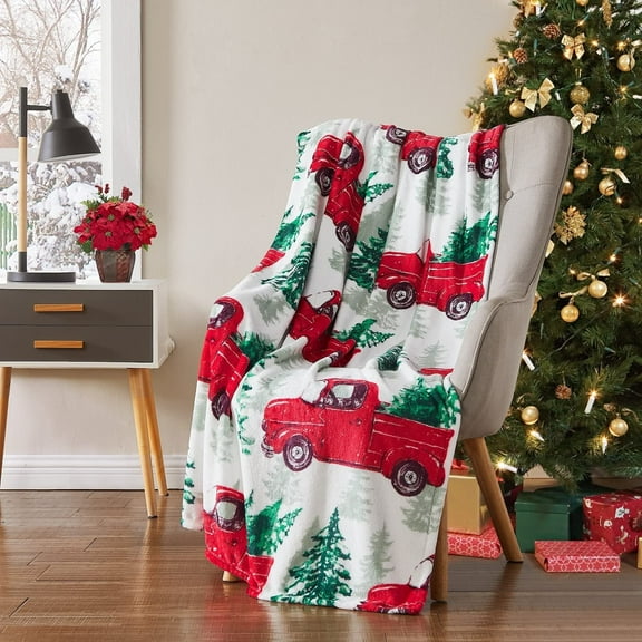 Serafina Home Christmas Holiday Throw Blanket: Country Rustic Green Tree Farm Design, 50" x 60"