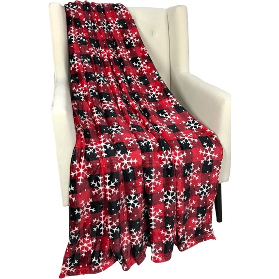 Serafina Home Christmas Holiday Throw Blanket: Country Rustic Red Black Buffalo Check with White Snowflakes