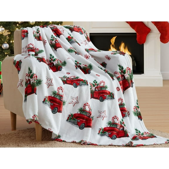 Serafina Home Christmas Holiday Throw Blanket: Velvelty Soft, Durable Fleece Accent for Bed or Couch (Country Rustic Red Truck with Tree and Old-Fashioned Treats, 50 x 60 inches)