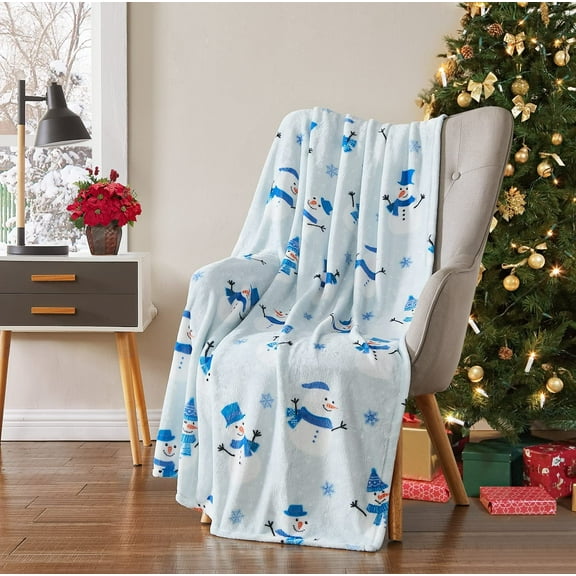 Serafina Home Christmas Holiday Throw Blanket: Soft Cute Winter Snowman Greeting You with a Snuggle Accent for Couch, Chair or Bed