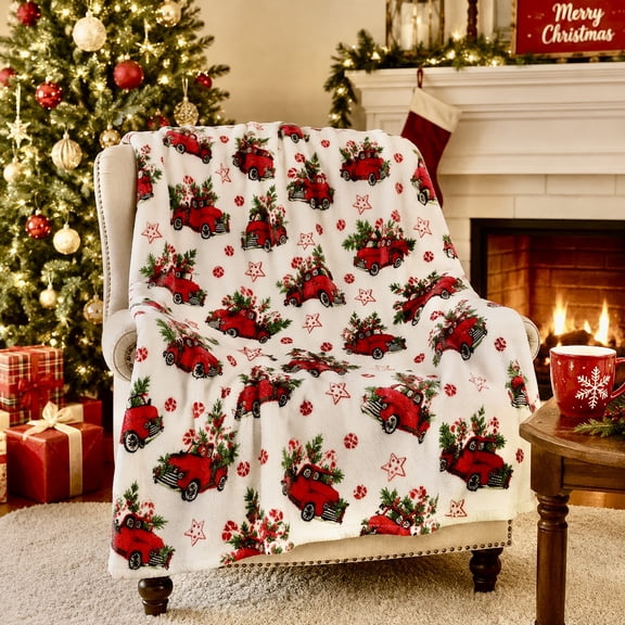 Serafina Home Christmas Holiday Throw Blanket: Velvelty Soft, Durable Fleece Accent for Bed or Couch (Country Rustic Red Truck with Tree and Old-Fashioned Treats, 50 x 70 inches)