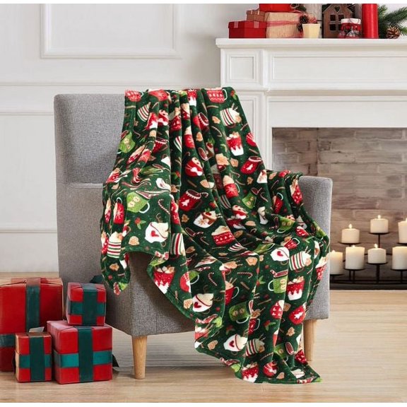 Serafina Home Christmas Hot Cocoa And Candy Cane Flannel Throw Blanket 50" x 60"
