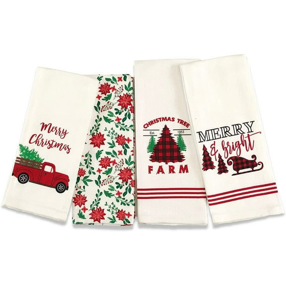 Serafina Home Christmas Kitchen Hand Towels: Assortment of Colorful Fun Decorative Prints on Herringbone Weave, 100% Cotton