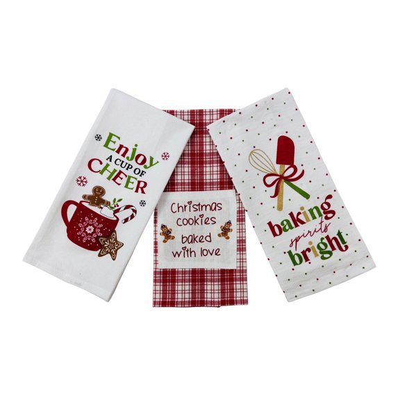 Serafina Home Christmas Kitchen Towels: Baking Spirits Bright Christmas Gingerbread Cookies 100% Cotton Flat Weave, 3 Dish Towels