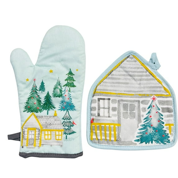 Serafina Home Christmas Lenox Holiday Cabin Oven Mitt And Pot Holder Set Of 2