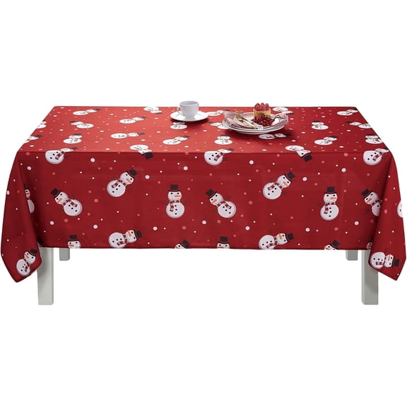 Serafina Home Christmas Snowman Fabric Tablecloth: Happy Holiday Snowman Toss, Red Black Grey White