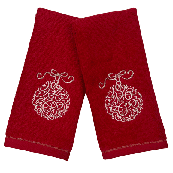 Serafina Home Christmas Theme Red White Towel Set: Modern Scroll Ornament Design, Set of 2 (18" x 12" Inch)