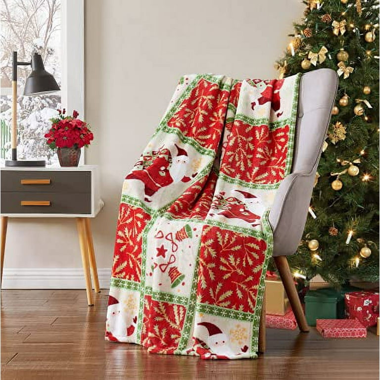 Serafina Home Christmas Throw Blanket Farmhouse Patchwork Vintage Santa with His Sack of Presents Country Bells and Foliage