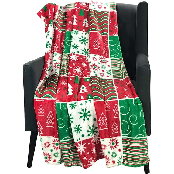 Serafina Home Christmas Throw Blanket: Jazzy Abstract Holiday Patchwork Soft Cozy Accent for Sofa Couch Chair Bed or Dorm, Red Green White