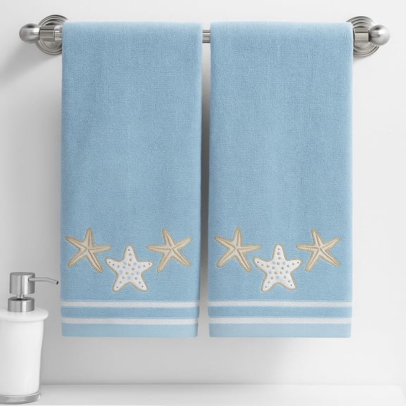 Serafina Home Coastal Bathroom Hand Towels Set of 2 Soft Light Blue 100% Cotton Embroidered Starfish with Gold Accent Design 25 x 16 Decorative Bath & Kitchen Towels