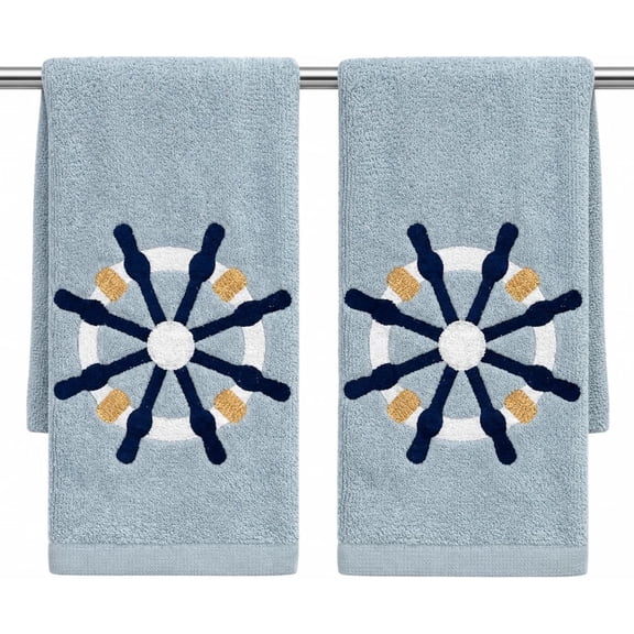 Serafina Home Coastal Nautical Ocean Embroidered Navy White Fingertip Towels, Captains Ship Wheel, Set of 2, 12 x 18 inches, 100% Cotton