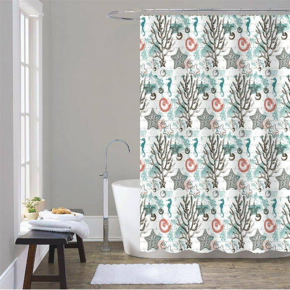 Serafina Home Coastal Sea Life Seahorse, Coral And Starfish Fabric Shower Curtain 72" x 70"