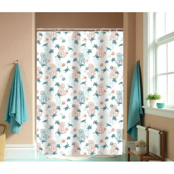Nautical Ocean Serafina Home Fabric Shower Curtain: Sea Life Turtles Starfish Coral Shells Aqua Green Blue Coral Orange White