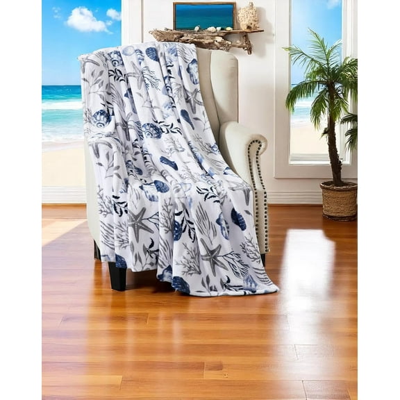 Serafina Home Decorative Home Decor Ocean Life Coastal Throw Blanket: Soft Plush Velvet Fleece Calming Hues of Blues Greys on White, Accent with Shells Coral and Starfish