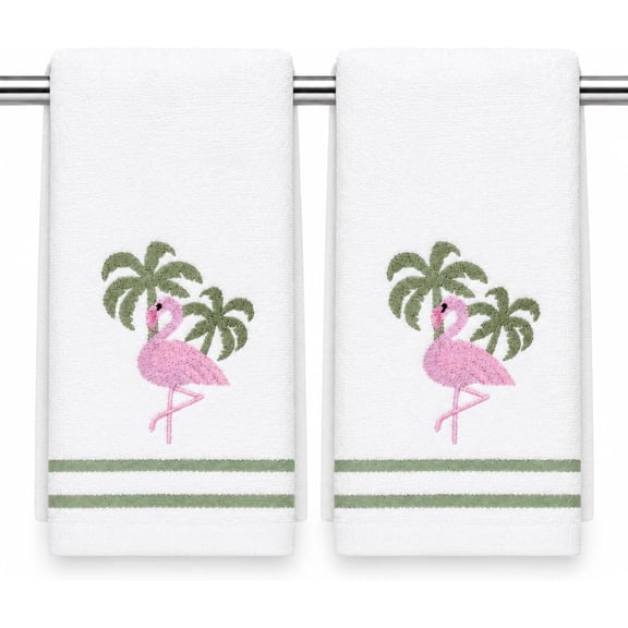 Serafina Home Coastal Tropical Embroidered Bath Hand Fingertip Towels, Pink Flamingo Palm Tree Blue on Ivory, Embellished Trim, 100% Cotton, Set of 2, 12 x 18 inches