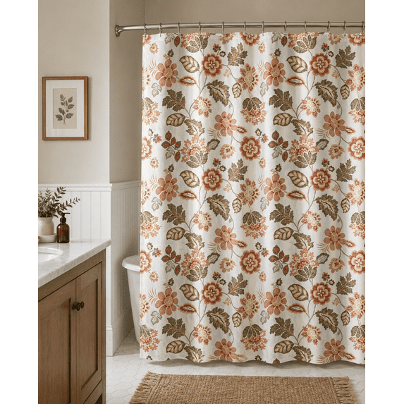 Serafina Home Colorful Autumn Floral Coral And Green Shower Curtain for Bathroom: Flowers and Leaves
