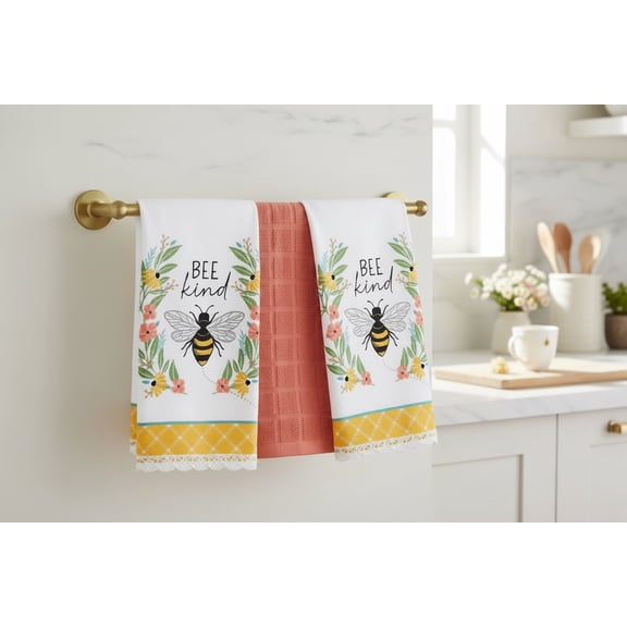 Serafina Home Colorful Bee Kind Kitchen Dish Towels 3 Pc.: Spring Flower Wreath of Daisies and Roses with Bumblebee (Be Kind Towels)