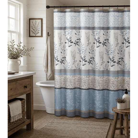 Serafina Home Hotel Quality Fabric Bathroom Shower Curtain: Farmhouse Floral Bordered Damask - Light Blue, Beige, and Grey (72 x 70 inches)