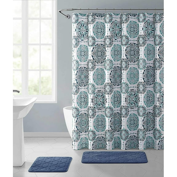 Serafina Home Contemporary Blue White Fabric Shower Curtain: Geometric Medallion Design