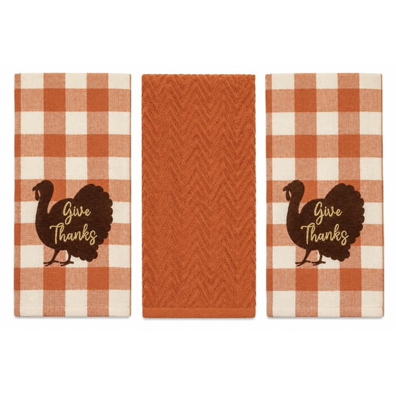 Serafina Home Country Fall Thanksgiving Kitchen Set, 3 Pc.: Two Flour Sack Towels and Solid Orange Towel, Give Thanks