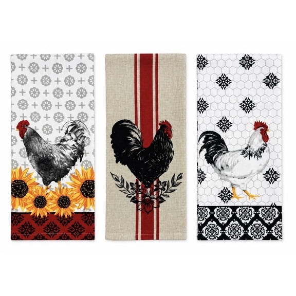 Serafina Home Country Rustic Roosters Kitchen Towels Set Of 3: Print on Flat Cotton Weave
