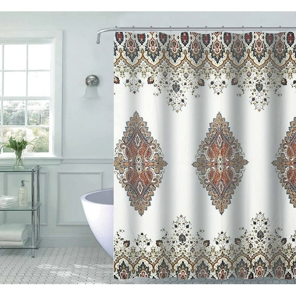 Serafina Home Damask Floral Fabric Shower Curtain for Bathroom, Colors: Navy Blue Rust Orange Red Gold White