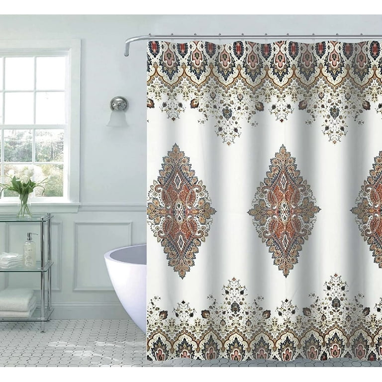 Serafina Home Damask Floral Fabric Shower Curtain for Bathroom Colors Navy Blue Rust Orange Red Gold White