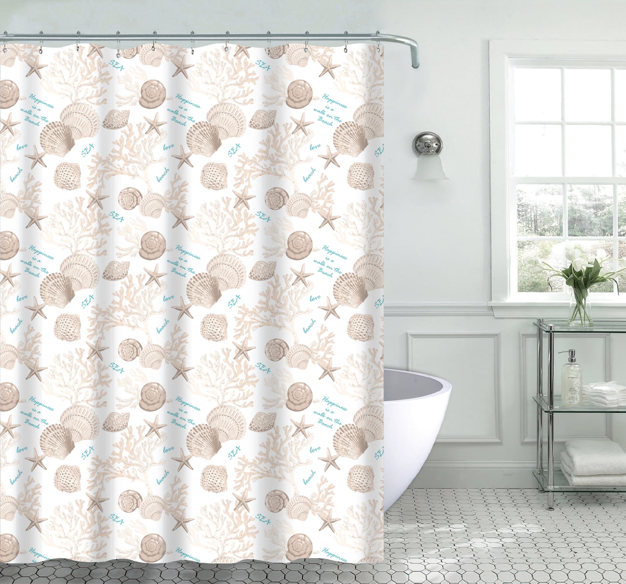 Serafina Home Beige Blue White Seashell Shower Curtain, Polyester