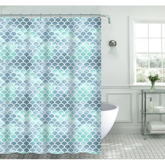 Serafina Home Decor Green, Blue and White Fish Scales/Mermaid Fabric Shower Curtain For The Bathroom, 70" x 72"