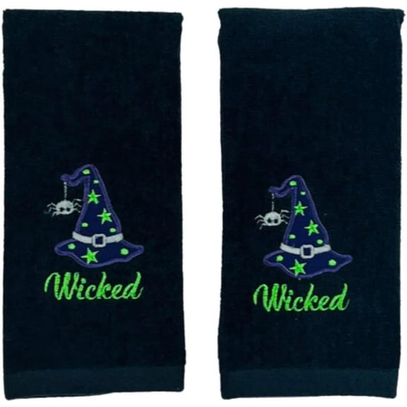Serafina Home Decor Halloween Fingertip Towels: Embroidered Wicked Witch's Hat Design on Plush Black, 2 Piece Set, 12" x 18" Inch (Witch's Hat)