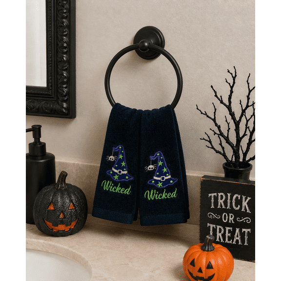 Serafina Home Decor Halloween Fingertip Towels: Embroidered Wicked Witch's Hat Design on Plush Black, 2 Piece Set, 12" x 18" Inch (Witch's Hat)