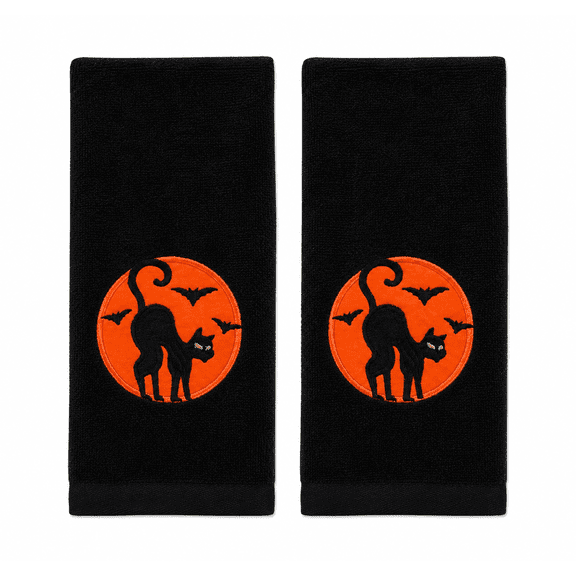 Serafina Home Decor Halloween Fingertip Towels: Plush Black Embroidered Cotton Cat In The Moonlight, 2 Piece Set, 12" x 18" Inch
