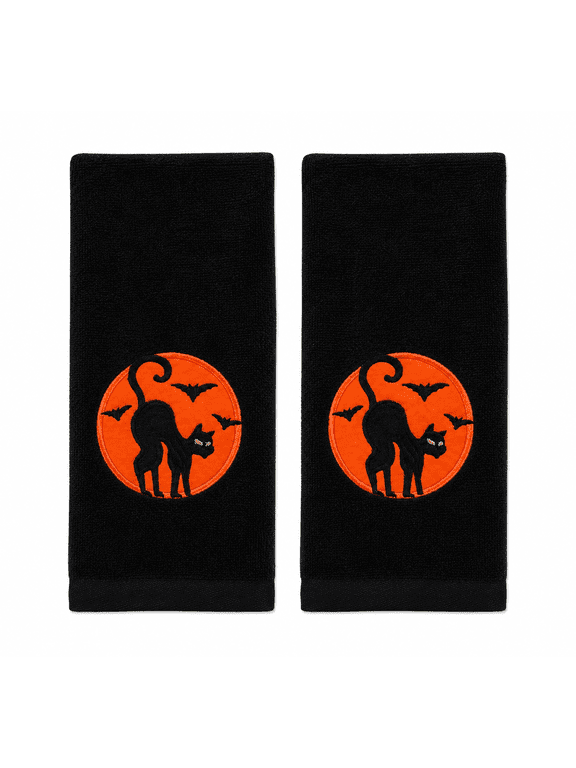 Decor Halloween Fingertip Towels: Plush Black Embroidered Cotton Cat In The Moonlight, 2 Piece Set, 12" x 18" Inch