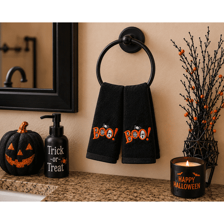Serafina Home Halloween Fingertip Bathroom Towels – 2-Piece Set of Plush Black Cotton with Embroidered “Boo!”, Ghost Trio, Spider & Web Accents – 12"x 18" Festive Bathroom Decor