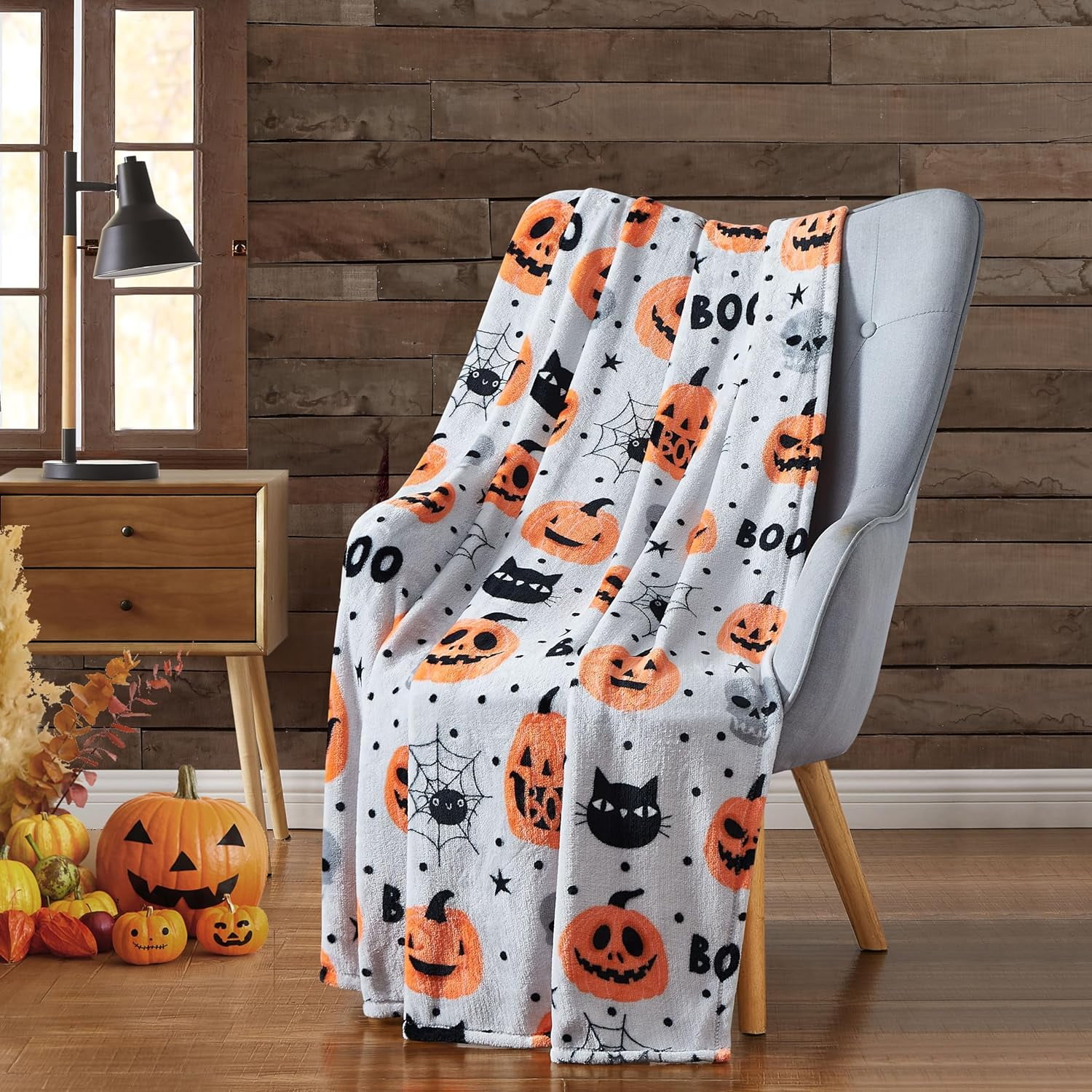 Serafina Home Decor Halloween Throw Blanket Boo Pumpkins Spider Webs Cats Velvet Soft Fleece on Grey Background Overized Large 70 x 50 for Sofa Bed Couch Chair Dorm Walmart