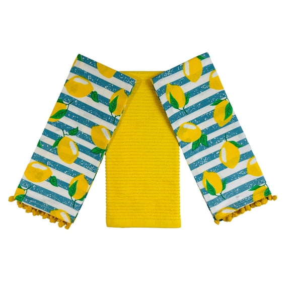 Serafina Home Decor Lemon Kitchen Towel Set: Bright Yellow Lemons on Decorative Distressed Blue Background  With Lemon Yellow Kitchen Towel