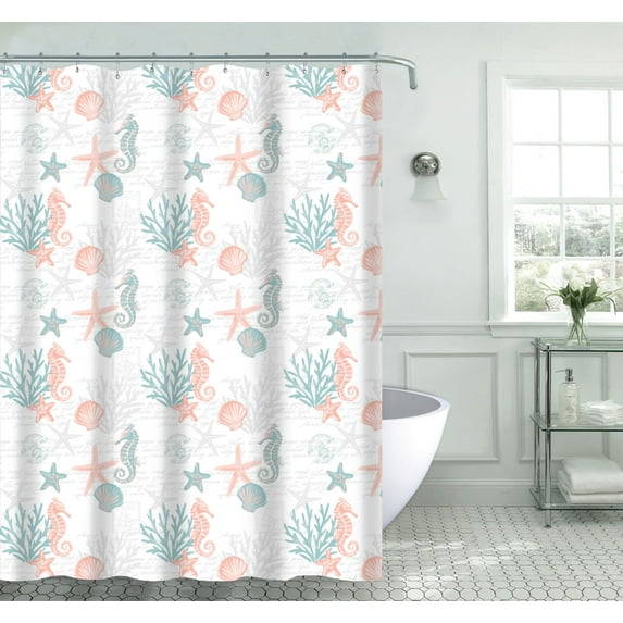 Serafina Home Decor Nautical Fabric Shower Curtain: Ocean Sealife Seahorses Coral Shells Starfish Aqua Green Coral Orange White