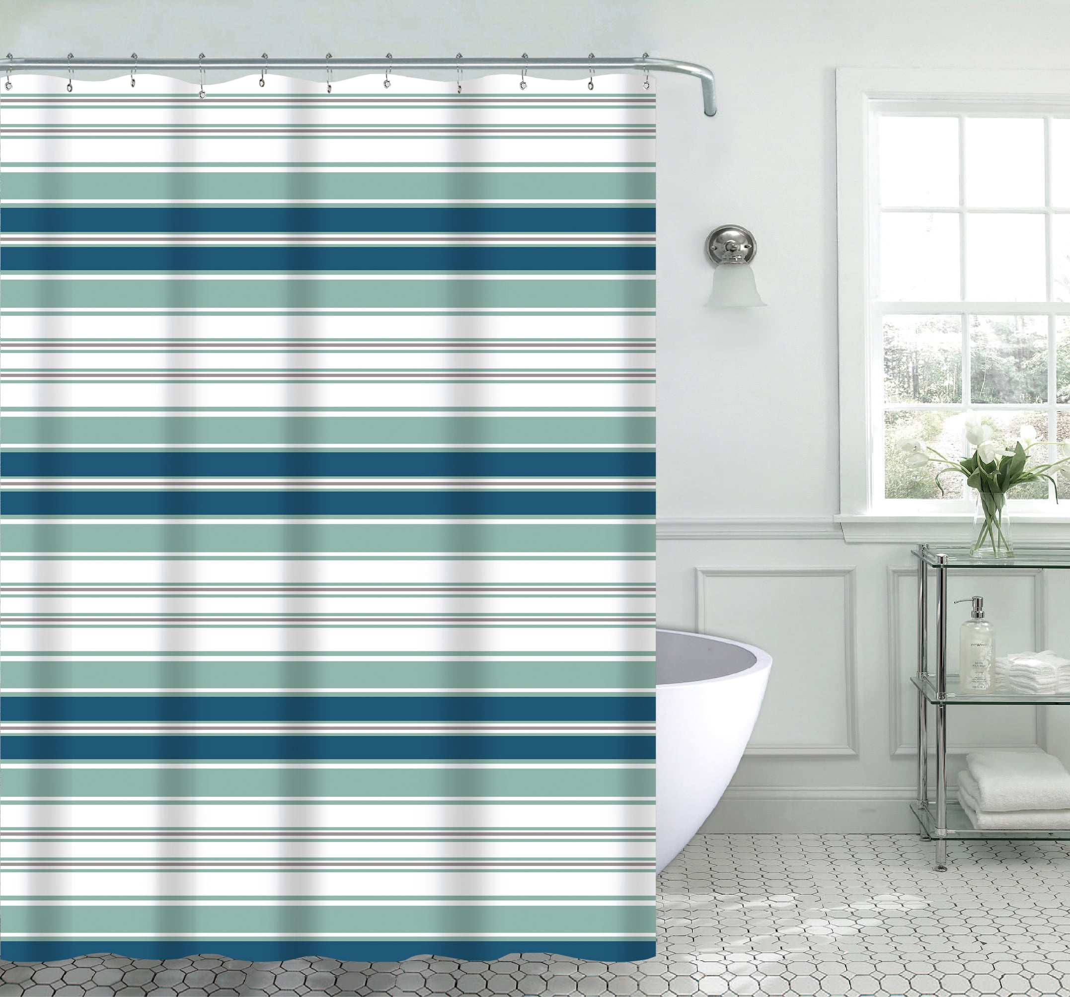 Serafina Home Decor Sage Green, White, Blue And Brown Striped Shower